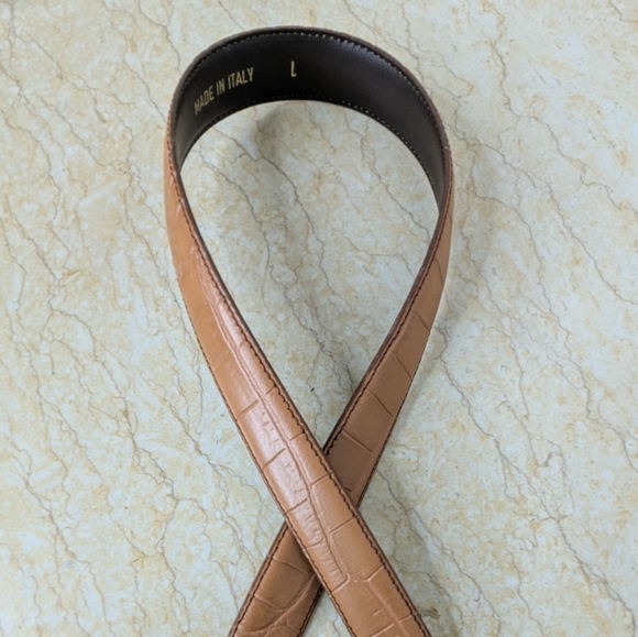 Vintage Lemie Genuine Leather Tan Embossed Gator Italian Belt Gold Tone Buckle - Picture 3 of 14